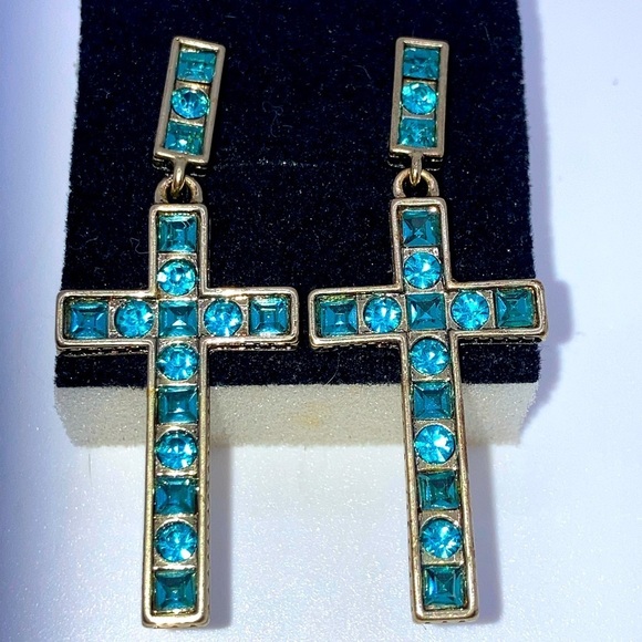 Heidi Daus Blue Swarovski Crystal Large Cross Statement Earrings Approx 2” - Picture 1 of 7
